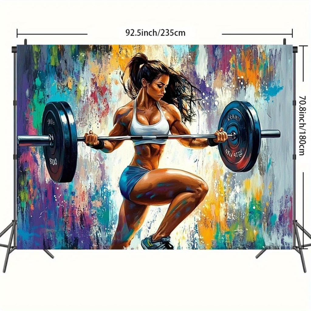 Fitness Party Backdrop Banner, Woman Lifting Weights Workout Design, Durable Polyester Wall Decor for Home Gym Birthday Wedding Indoor Outdoor