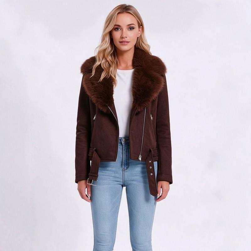Womens Faux Suede Jacket With Detachable Fur Collar Long Sleeve Streetwear Outerwear Winter