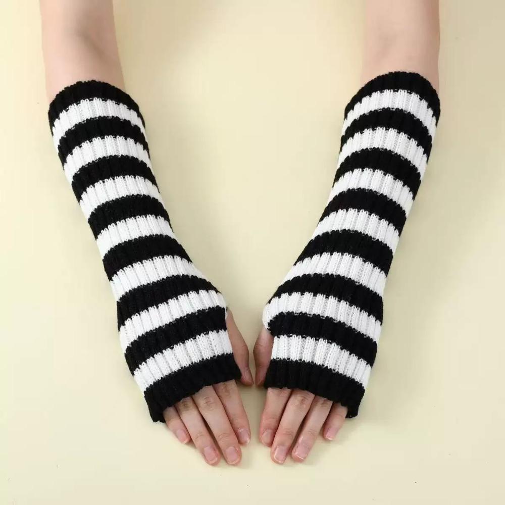 Lolita Long Fingerless Gloves Y2K Fingerless Arm Warmers Arm Cover Striped Knitted Arm Sleeves JK