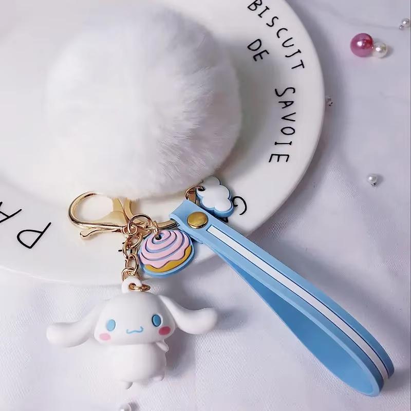 Sanrio Hello Kitty Kuromi Melody Cinnamoroll Очаровательные брелоки с мягким шариком из кроличьего меха Подвеска на сумку для женщин и девочек Брелок Подарки