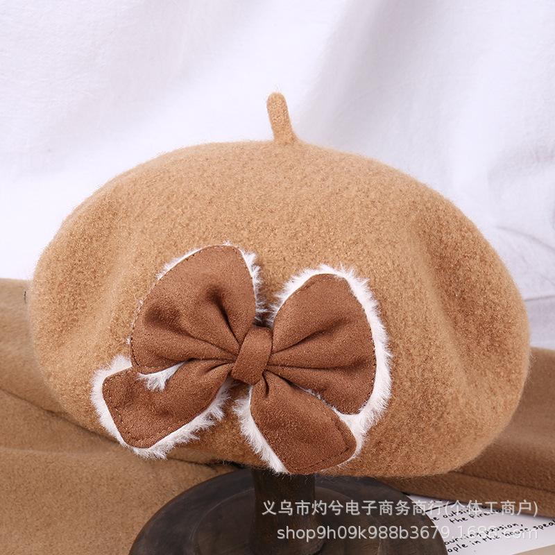 Autumn and winter warm wool beret women's bow versatile painter hat retro newsboy hat material retro style