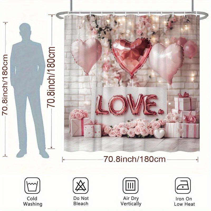 1pc Pink Balloons & Roses Valentine's Shower Curtain - "LOVE" Design, Polyester, Washable, 12 Hooks, 70.8x70.8”