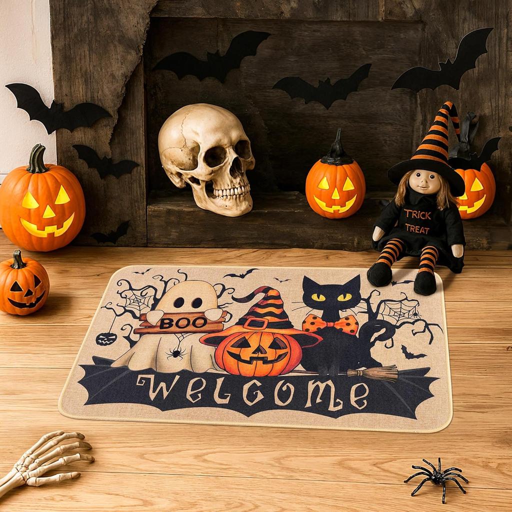Halloween Welcome Mat Ghost Black Cat Indoor Outdoor Halloween Decorations Porch Entrance Hallway Kitchen Rug