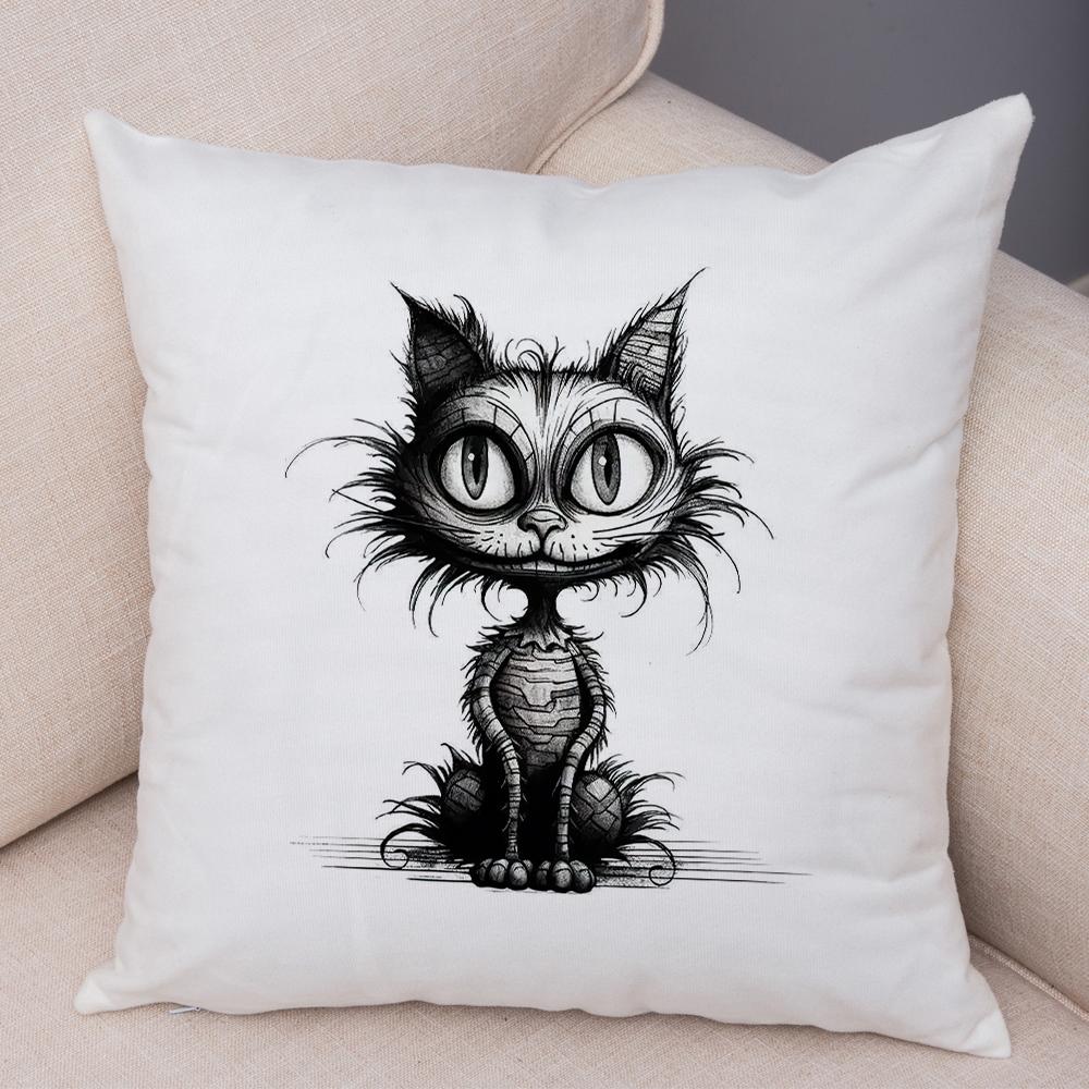 Grumpy Black Cat Pillowcase Double Print Striped Whimsical Cat Cushion Cover Soft Plush Curly Eared Fierce Cat Pillowcase