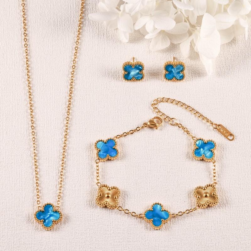 Elegant French Vintage Clover 3-Piece Jewelry Set Stainless Steel Gold Plated Women Sweet Style Necklace Bracelet Earrings