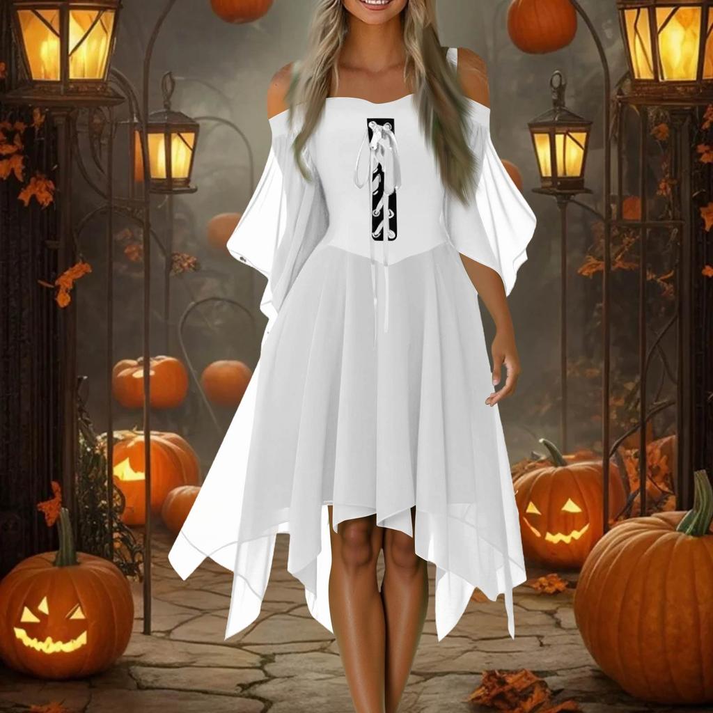 Women Casual Plus Size Cold Shoulder Dress Solid Color Chiffon Butterfly Sleeve Gothic Dress
