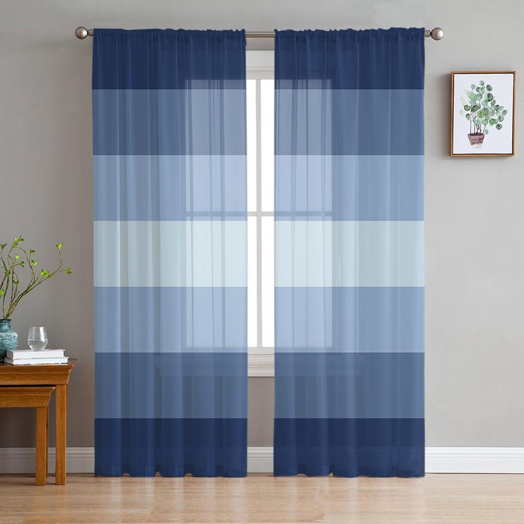 Navy Blue Gradient Stripe Sheer Curtains for Living Room Decoration Window Curtains for Kitchen Tulle Voile Organza Curtains