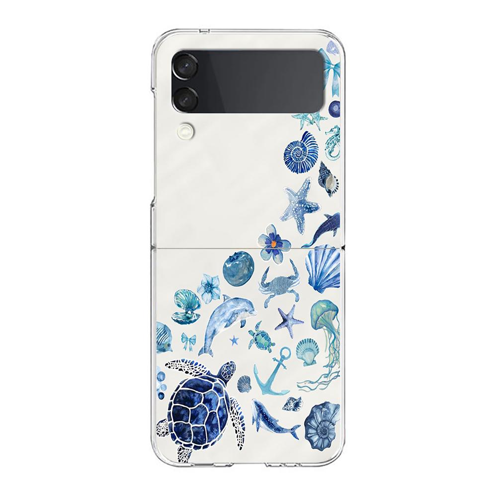 Phone Case For Samsung Galaxy Z Flip 3 4 5 Hard Folding Clear PC Bumper For Samsung Z Flip 6 Back Cover Blue Ocean Animals