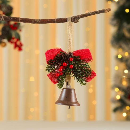 Christmas Tree Ornament Bow Pine Branches Decorative Bells Home Ambiance Doorway Wind Chime Decoration Christmas Theme Party Decor Gift