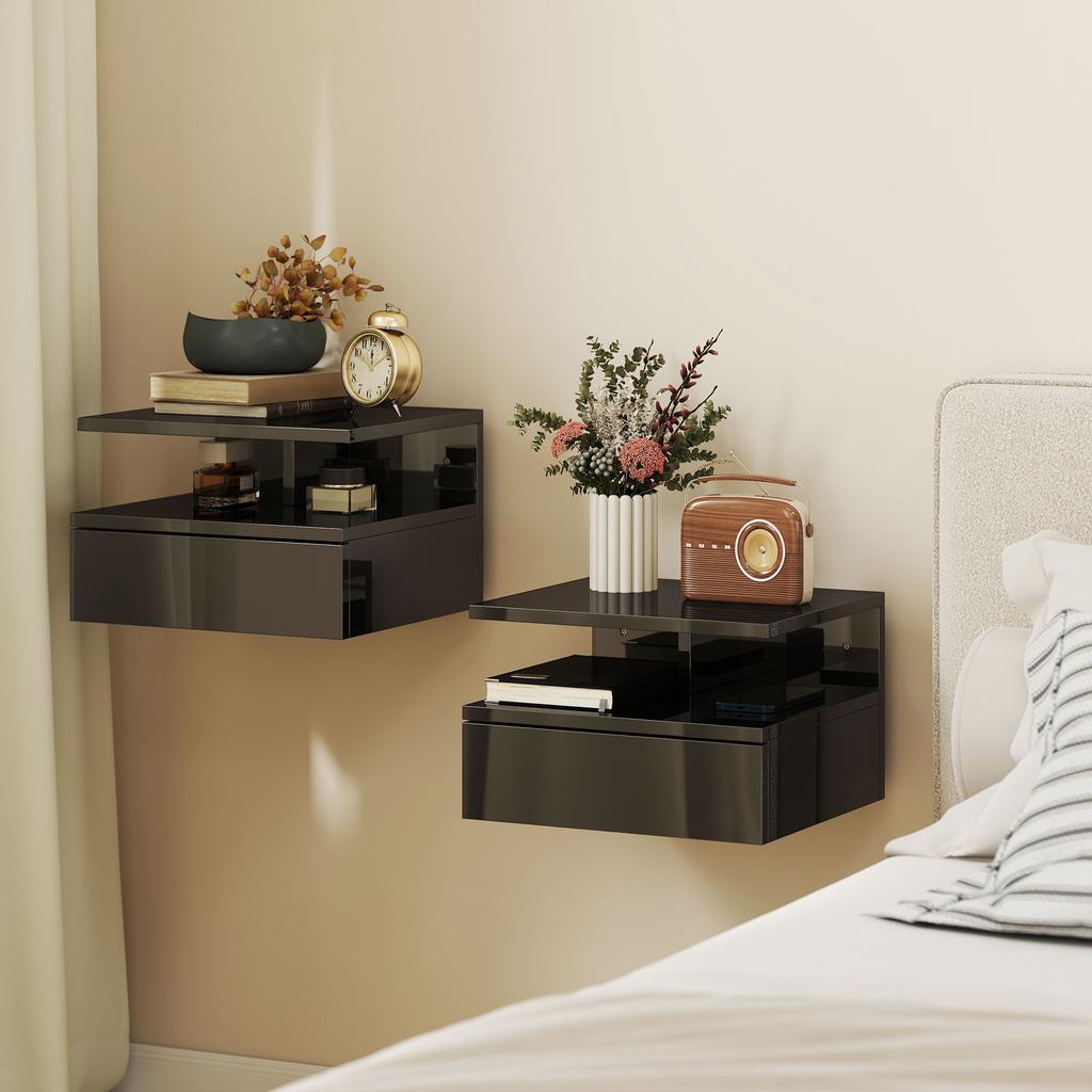 2 Floating Nightstands With 1 Drawer And Open Shelf Modern Design 35x32x22.5 Cm Glossy Black