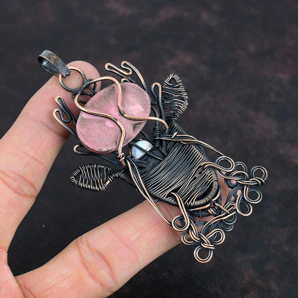 Подвеска из драгоценного камня Тулит, обернутая медной проволокой, ювелирное изделие, радужный лунный камень, подвеска в виде лица оленя, подвеска ручной работы из медной проволоки, подарки для жены