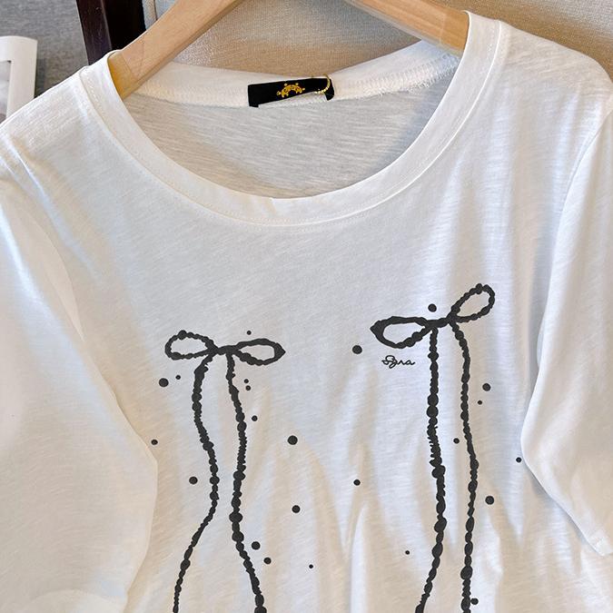 Длинная футболка с коротким рукавом, женская модная футболка больших размеров со свежим бантом и принтом