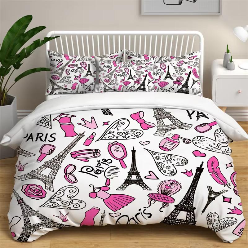 Комплект пододеяльника «Эйфелева башня» Романтичный комплект постельного белья «Парижская башня» Домашний декор во французском стиле Пододеяльник с городским пейзажем Кинг Для девочек и мальчиков