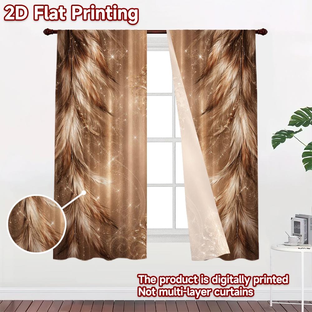 2D FLAT PRINTING 2pcs Curtains (Without Rod) Golden Feather Elegance Print Modern Curtains Polyester Easy Install Curtains