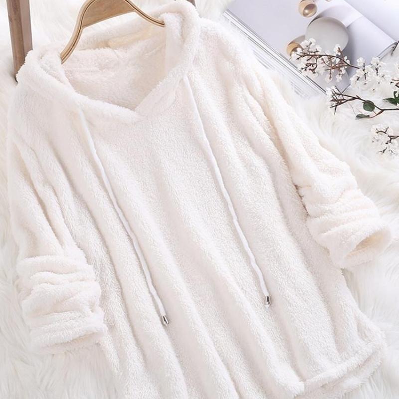 Autumn and Winter Solid Color Long-sleeved Hooded Plush Double-sided Fleece Sweater Pajamas Women