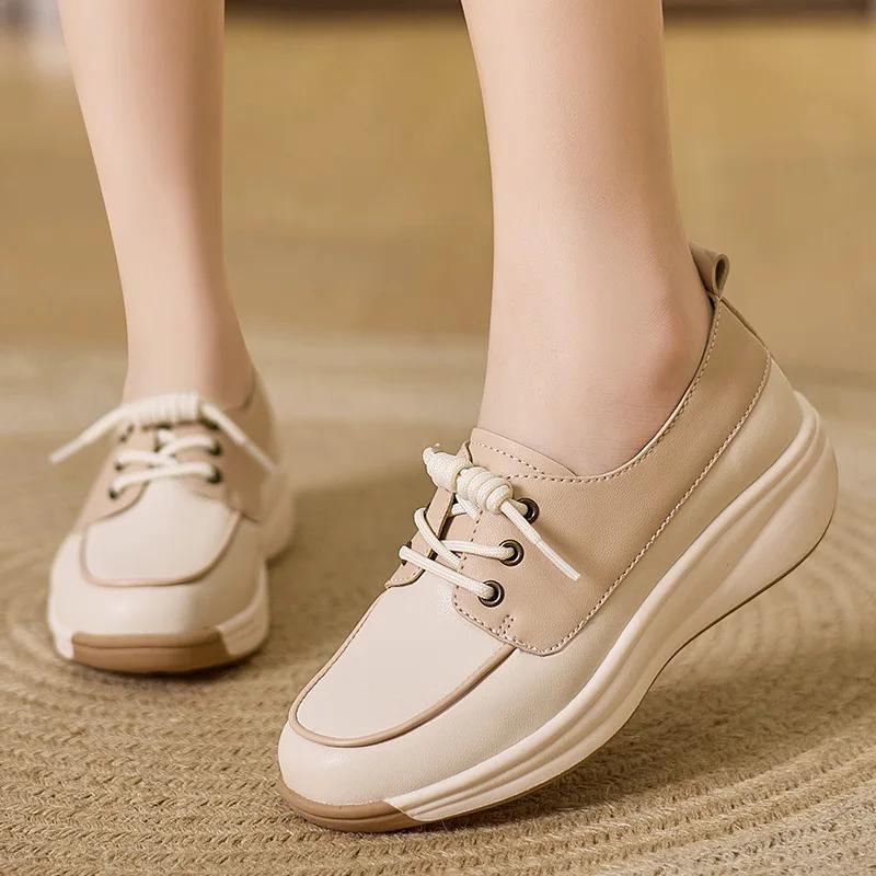 Fashion Women Fashion Platform Flats Sneakers  Autumn Breathable Lace Up Wedge Sport Shoes Comfort Soft Leather Travel Casual Shoes