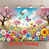 2D Enchanted Spring Cherry Blossom Tapestry, Colorful Flowers Garden with Butterflies Wall Decor