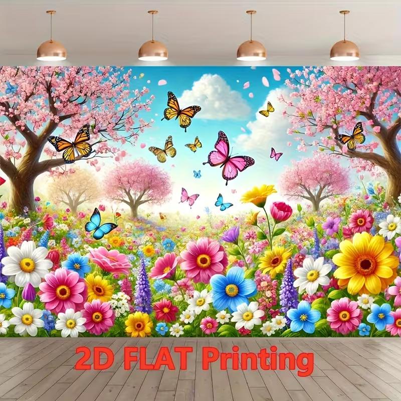 2D Enchanted Spring Cherry Blossom Tapestry, Colorful Flowers Garden with Butterflies Wall Decor