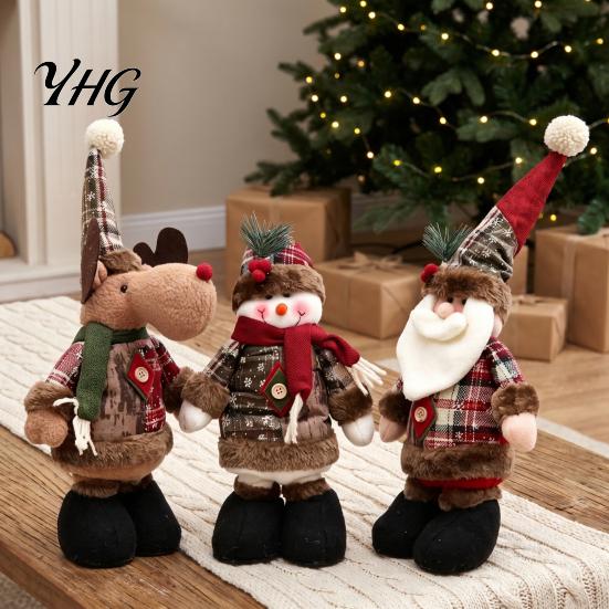 Festive Atmosphere Decoration Christmas Retractable Leg Plush Doll, Santa Snowman Elk Figures with Retro Style Xmas Room Decorations Adjustable