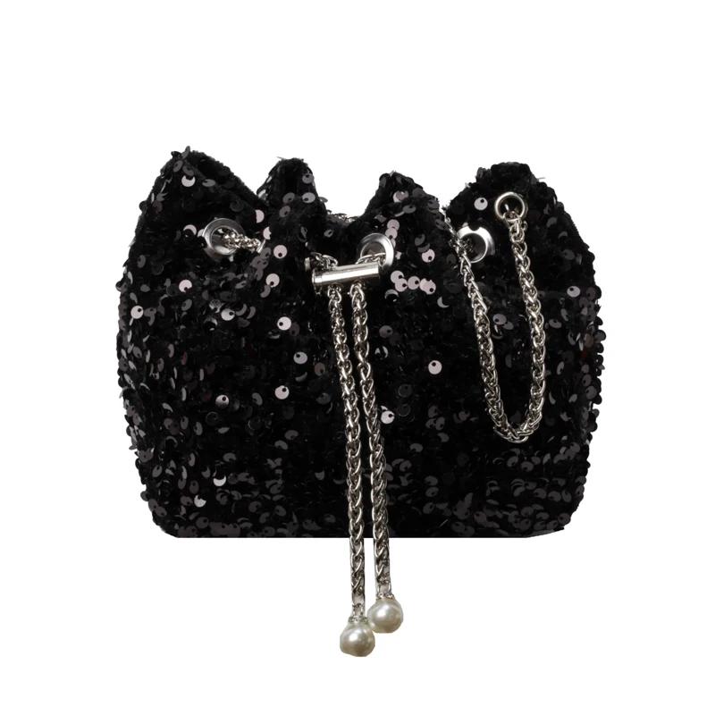 Портативная сумка с пайетками для женщин, новая модная сумка-ведро, универсальная сумка через плечо на одно плечо для ужина