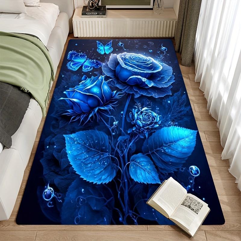 Blue Rose & Butterfly Non-Slip Area Rug - Soft Washable Mat for Living Room Hallway Bathroom Decor, Floral Floor Cushion