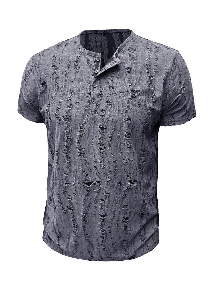 Мужская футболка с коротким рукавом, рваная, ретро, мужская мода, рубашка-henley, мужские повседневные модные топы, приталенный крой