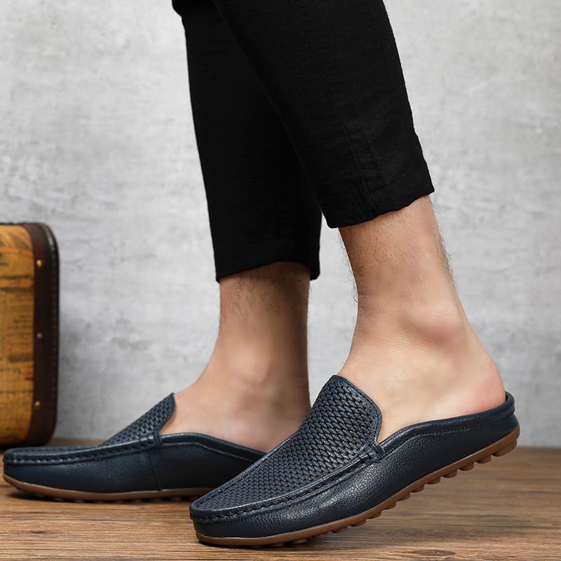 Fashion Half Drag Loafers Men Casual Leather Driving Shoes Classic Mesh Summer Slippers Breathable Light Leisure Walk Flats