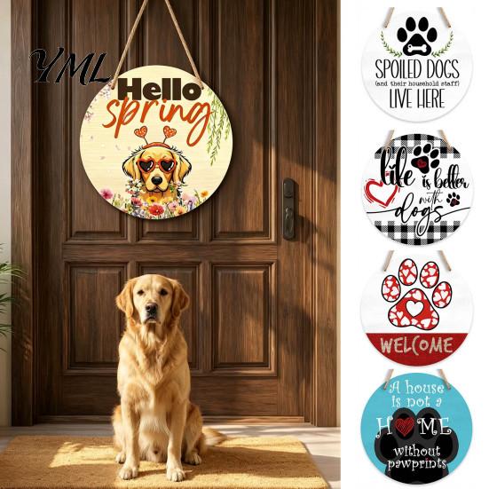 Entryway Wall Hanging Rustic Wooden Welcome Sign for Front Door with Cute Pet Paw Prints, Creative Dog Art Decor Hemp Rope Home Porch Farmhouse