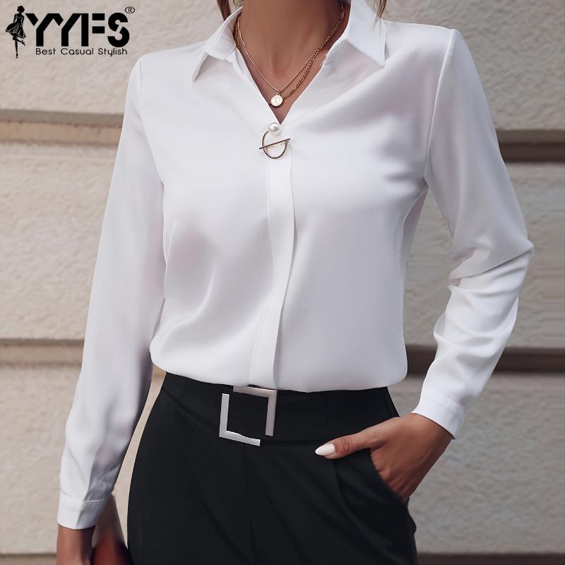 YYFS Women's Fashion Casual Spring Fall Solid Color Print Long Sleeve POLO Neck Blouses & Shirts