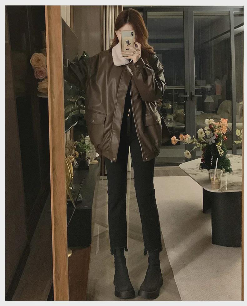 Женское высококачественное зимнее пальто из американской мотоциклетной кожи и хлопка: Корейский стиль, свободный крой, плюс бархат, плотная, короткая куртка.