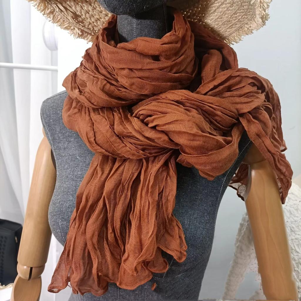 Vreovor Solid Color Hand Feel Scarf Retro Autumn Winter New Pleated Green Thin Strip Shawl Men'S Women'S Thermal Silk