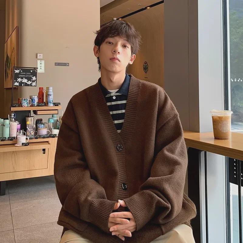 Мужской кардиган в японском стиле с V-образным вырезом в ретро-стиле — вязаный свитер на осень/зиму, модная и свободная верхняя одежда.