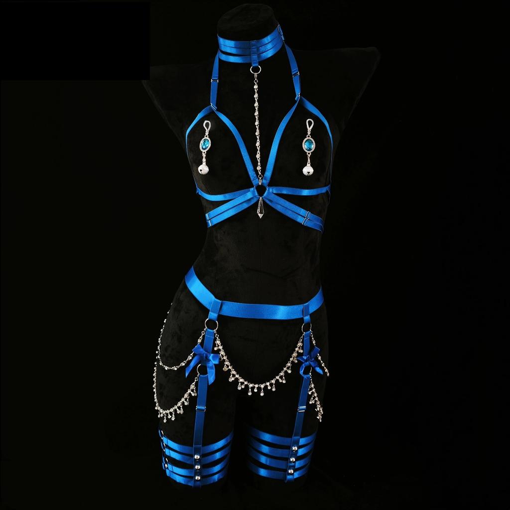 Blue/Pink/Red Hollow Body Harness Belt Adjustable Sexy Lingerie Set Women Bondage Body Cage Harness Nipple Clitoral Stimulation
