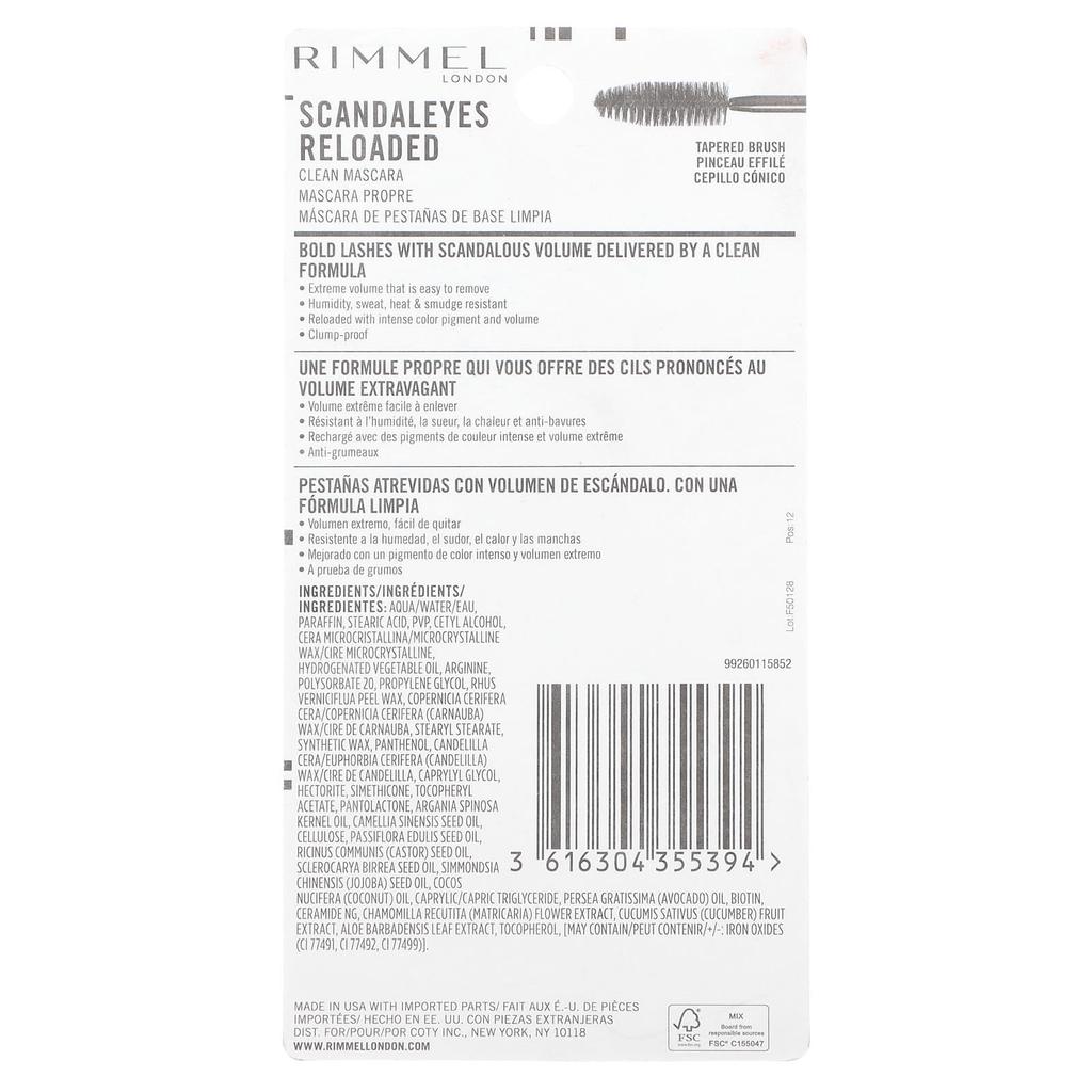 Rimmel London Scandaleyes, Reloaded Mascara, 001 Extreme Black, 0,40 жидких унций (12 мл)