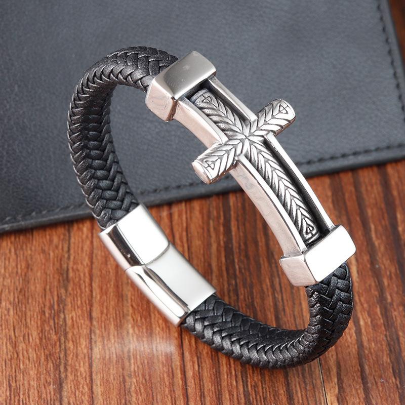 Vintage Cross Bracelet for Men Stainless Steel Braided Leather Rope Bracelet Hip Hop Punk Male Jewelry Accessories