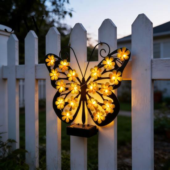 Decorative Butterfly Fence Lights 2Pcs Solar Outdoor Metal Wall Decor, IP65 Waterproof Garden Art with Lights, Hanging for Patio Porch