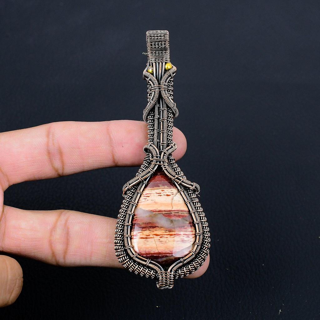 Уникальный драгоценный камень из красной речной яшмы из чистой медной проволоки, завернутый в подвеску ручной работы, ювелирные изделия