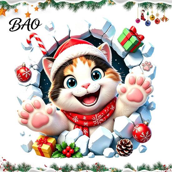 Creative Holiday Bathroom Accents Christmas Cat Toilet Seat Decal, 3D Break Through Wall Cute Kitten Self Adhesive Decors Tank Sticker, Self-Adhesive