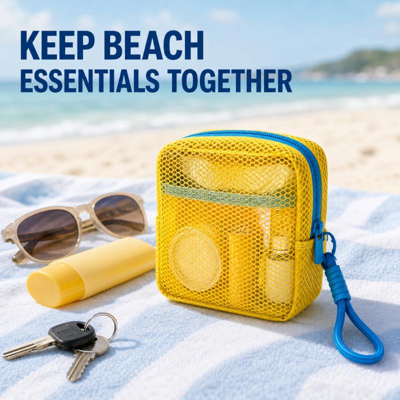 Small Mesh Beach Pouch Clear Cosmetic Bag with Detachable Wrist Strap Travel Organizer for Sunscreen Keys Cables