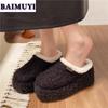 Fur Flats Platform Women Cotton Slippers Fashion Shoes 2025 Trend Winter Short Plush Slingback Flip Flops Casual Mujer Zapatos