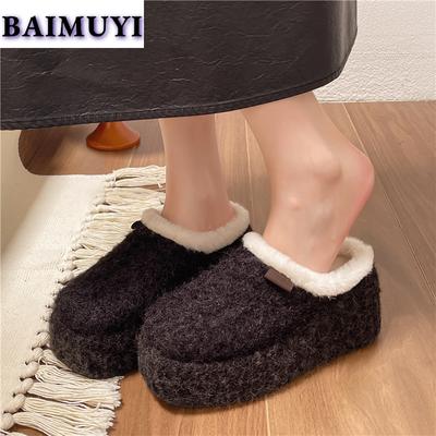 Меховые балетки на платформе женские хлопковые тапочки модная обувь 2025 тренд зимние короткие плюшевые шлепанцы с открытой пяткой повседневные женские туфли