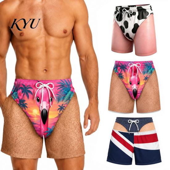 Breathable Lightweight Summer Shorts Men Hairy Butt Shorts, Funny Booty Print Beach Realistic Comfortable Elastic Waist Swim 3D Briefs Patriotic