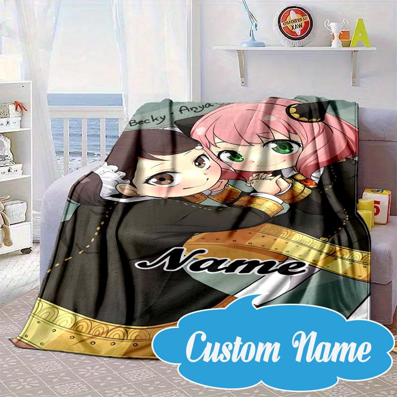 Custom Name Pink Hair Anime Anya Blanket bed sofa Blanket Flannel Blanket for Camping, Hiking, Picnic Essentials,gift for Fan family