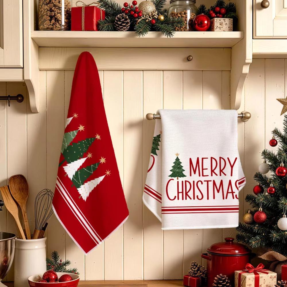 2PCS Fade-resistant Merry Christmas Kitchen Towel Water-absorbent Dishcloth New Year