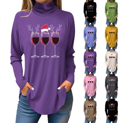 Женская свободная водолазка с рождественским принтом, футболка с длинными рукавами, топ и джемпер