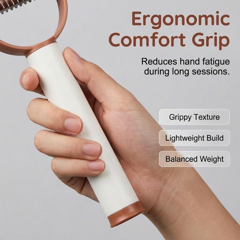 2-in-1 Pet Dematting Comb and Lint Roller, Dual-Sided Undercoat Rake for Long Haired Dogs Cats, Ergonomic Shedding Tool, Black/Brown