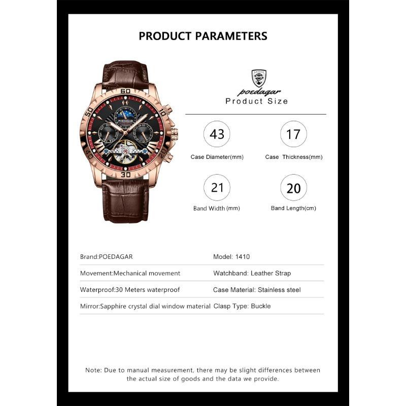 POEDAGAR Tourbillon Automatic Mechanical Wristwatch Waterproof Luminous Date Week Leather Men Watch Luxury Fashion Watches