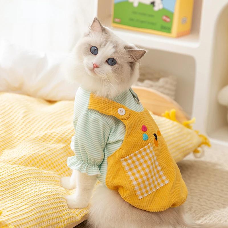 Ragdoll Cat Autumn Thin Dog Clothes Plaid Pocket Puppy Sweatshirt Teddy British Shorthair Leashable Two Legs Coat Pet Clothing