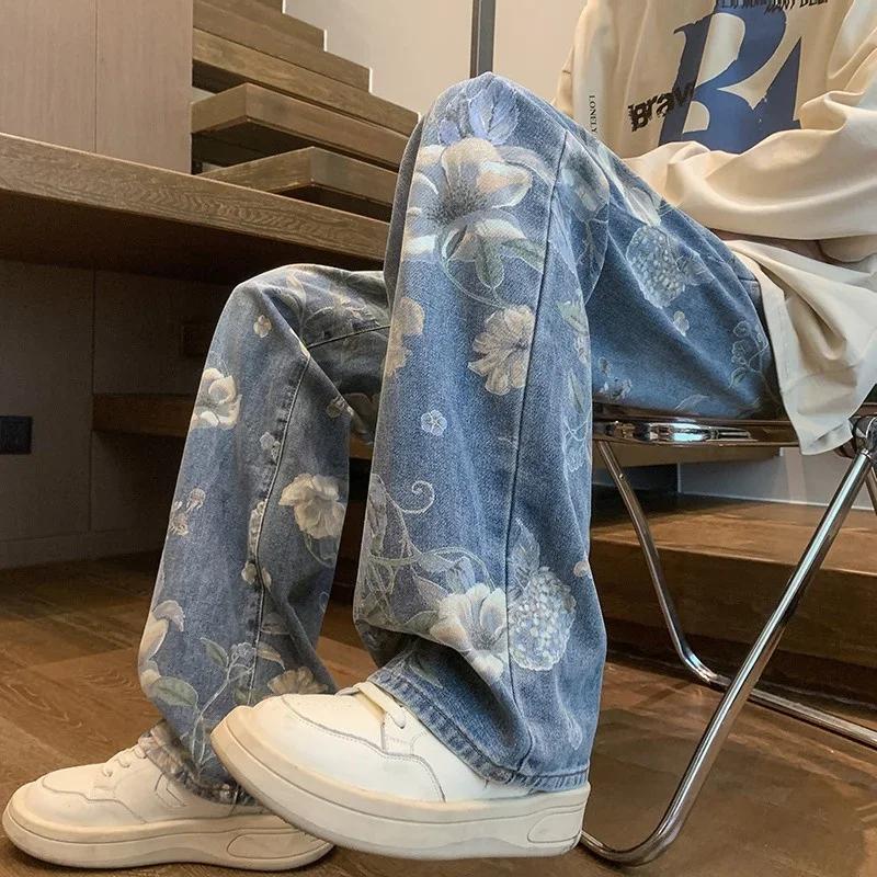 Осенние джинсы с цветочным принтом для мужчин Y2K Vintage Denim Брюки хип-хоп мода Широкие мешковатые джинсы Уличные брюки