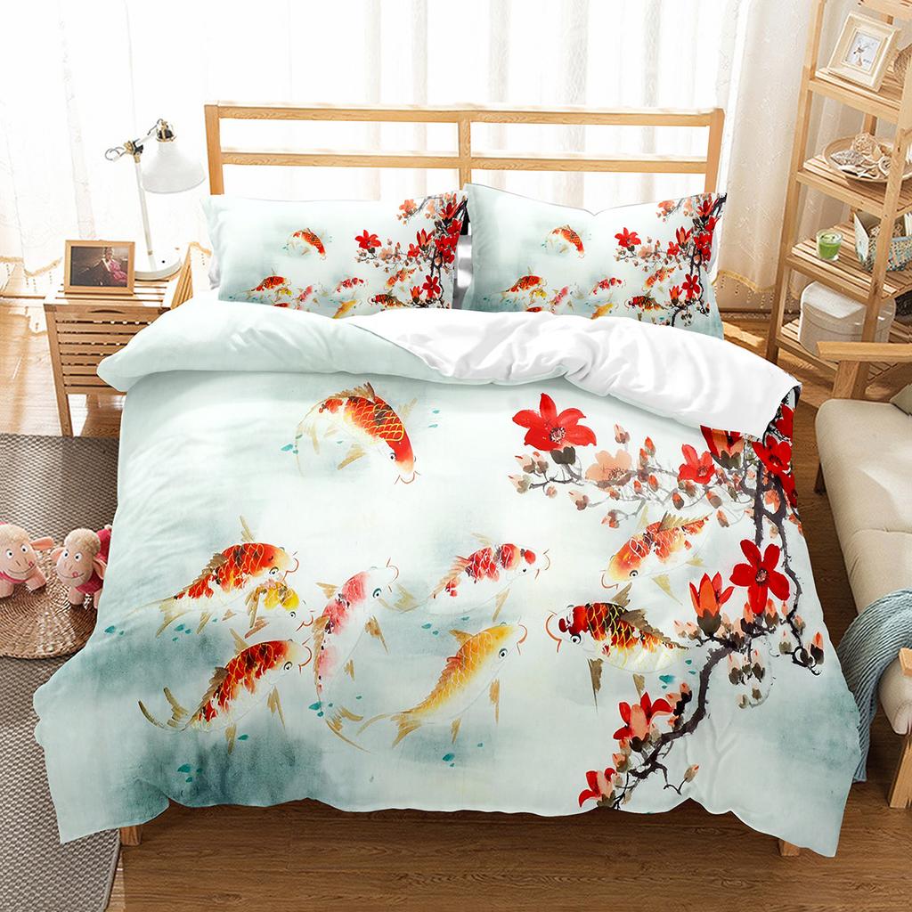 Fish Duvet Cover Set Koi Carp Pattern Polyester Comforter Cover King Queen Full Size for Kids Teens Bedding Set with Pillowcase